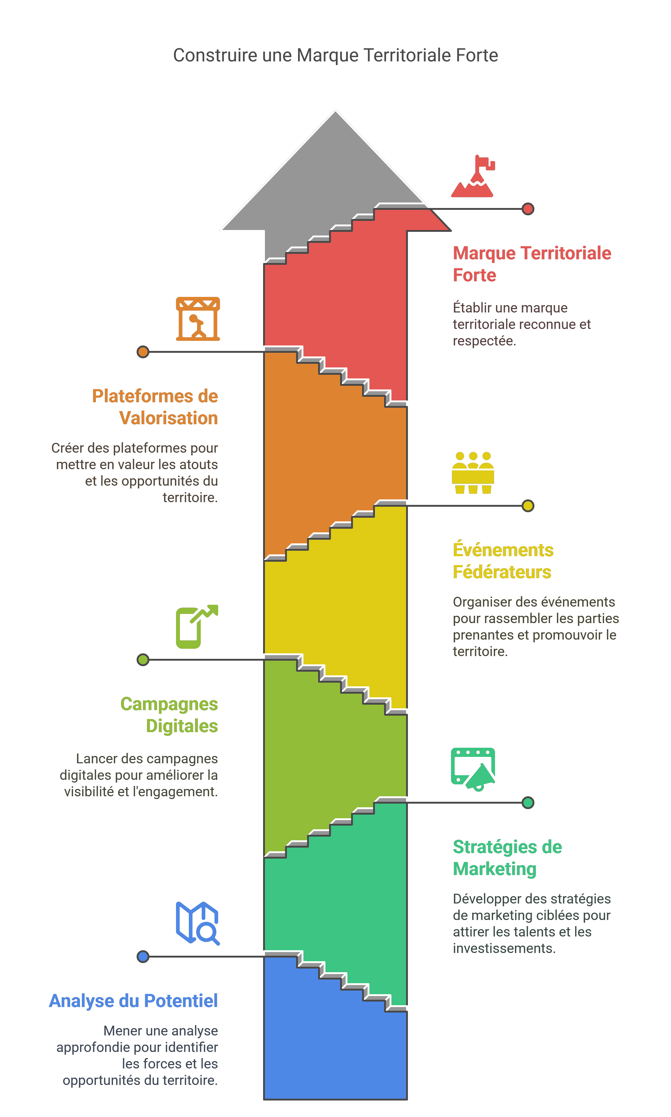 Infographie de la construction d'une marque territoriale forte : Analyse, Marketing, Événements, Plateformes.