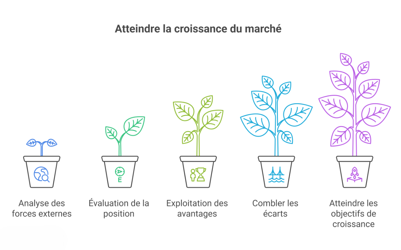 Infographie de plantes en croissance symbolisant les étapes pour atteindre la croissance du marché.